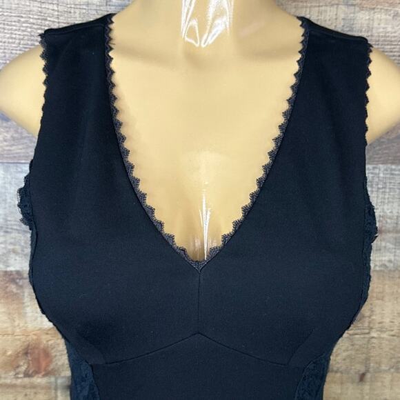 Rebecca Taylor Black Sleeveless V-Neck Sheath Sheer Lace Inset Dress Size 4 - Picture 2 of 9